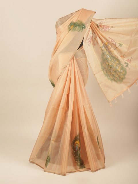 

Pothys Peach-Coloured & Green Ethnic Motifs Printed Tissue Cotton Saree