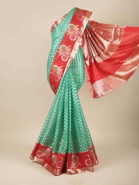 

Pothys Green & Red Floral Woven Design Poly Georgette Saree