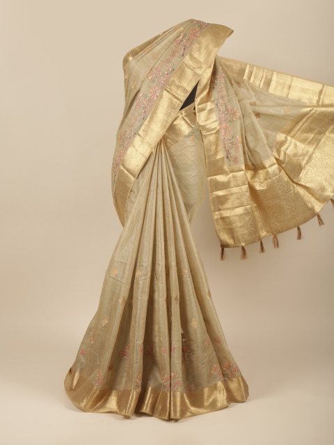 

Pothys Gold-Toned & Pink Floral Zari Jute Cotton Saree