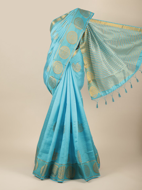 

Pothys Blue & Gold-Toned Floral Zari Jute Silk Saree