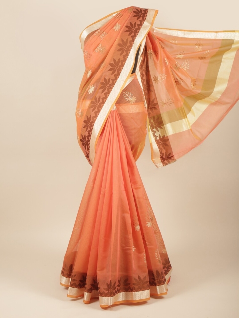 

Pothys Peach & Gold-Toned Floral Embroidered Cotton Blend Saree