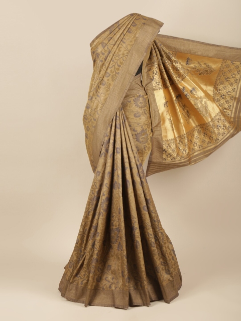 

Pothys Khaki & Gold-Toned Floral Woven Design Jute Silk Saree