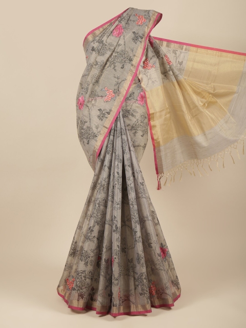 

Pothys Grey & Pink Floral Embroidered Jute Cotton Saree