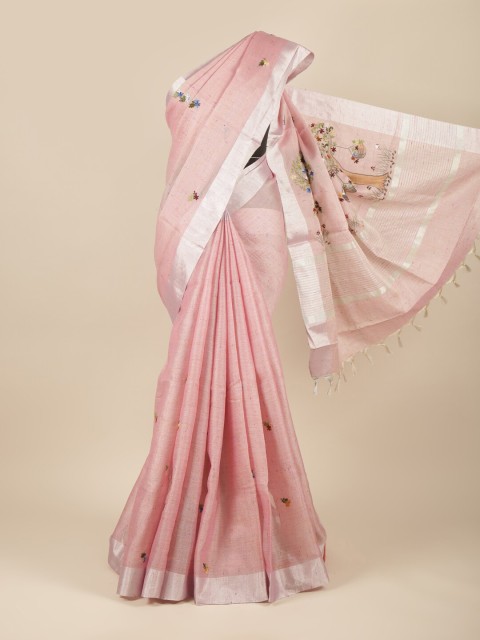

Pothys Pink & Green Floral Zari Jute Cotton Saree