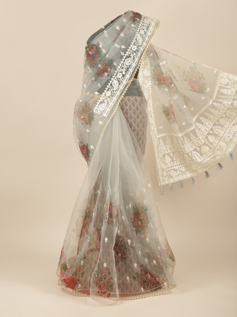 

Pothys Grey & White Floral Embroidered Net Saree