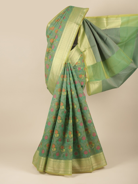 

Pothys Green & Gold-Toned Floral Zari Tissue Saree
