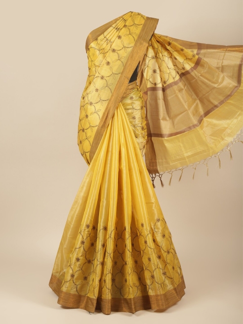 

Pothys Yellow & Gold-Toned Floral Embroidered Zari Tissue Cotton Saree