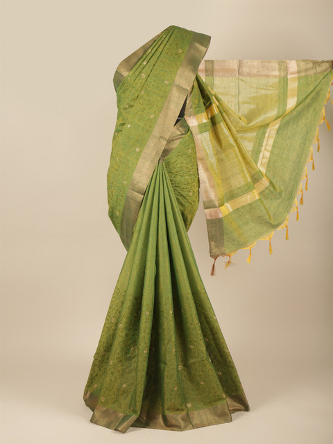 

Pothys Green & Gold-Toned Floral Zari Jute Silk Saree