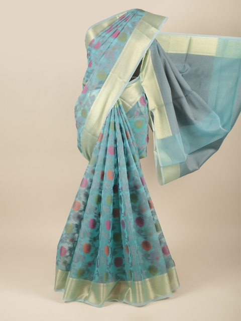 

Pothys Blue & Pink Floral Zari Tissue Saree