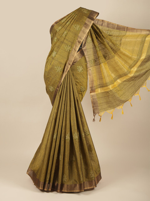 

Pothys Green & Copper-Toned Ethnic Motifs Zari Jute Silk Saree