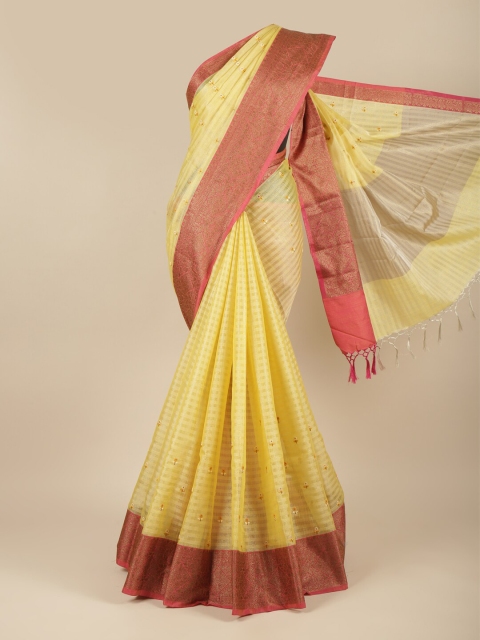 

Pothys Yellow & Pink Striped Embroidered Supernet Saree