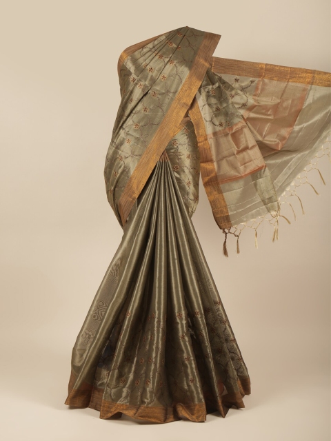 

Pothys Green & Copper-Toned Floral Printed Tissue Cotton Saree