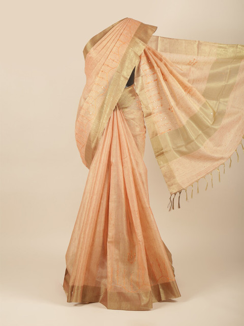 

Pothys Peach-Coloured & Gold-Toned Embellished Tissue Cotton Saree