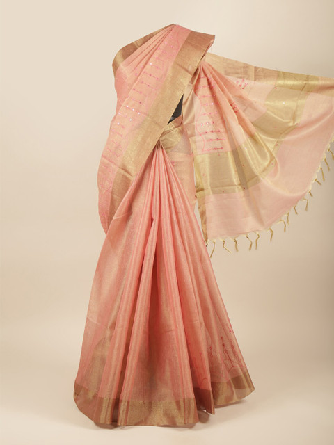 

Pothys Pink & Gold-Toned Embellished Mirror Work Tissue Saree
