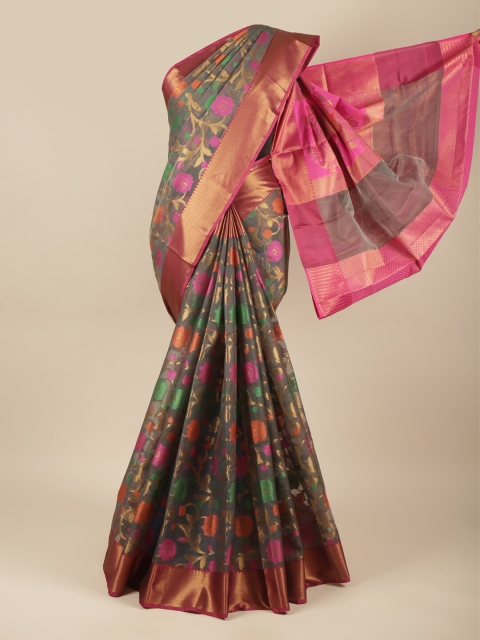 

Pothys Grey & Magenta Woven Design Floral Zari Tissue Saree
