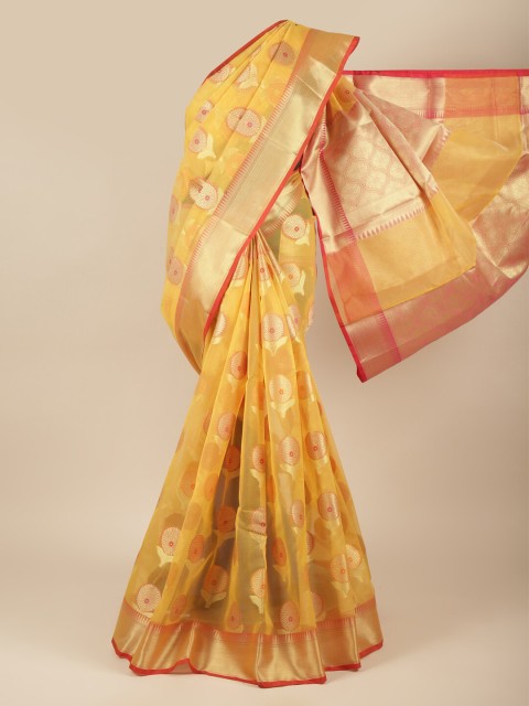 

Pothys Yellow & Gold-Toned Floral Zari Tissue Saree