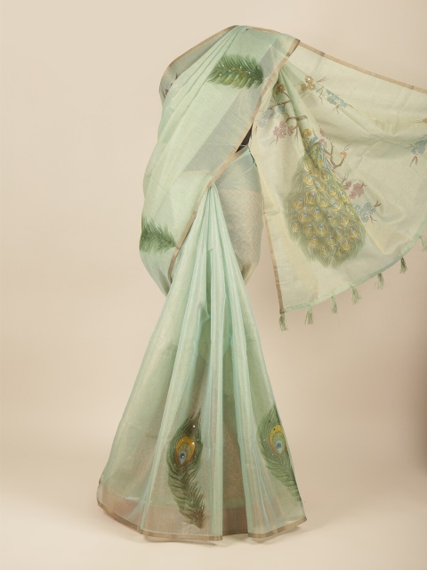

Pothys Green & Gold-Toned Floral Printed Tissue Saree