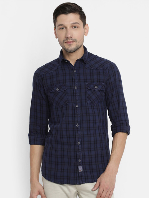 

V2 Value & Variety Men Navy Blue Checked Casual Cotton Shirt