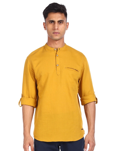 

Cherokee Men Yellow Cotton Linen Casual Shirt