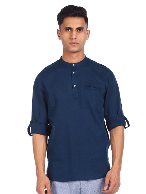 

Cherokee Men Teal Cotton Linen Casual Shirt
