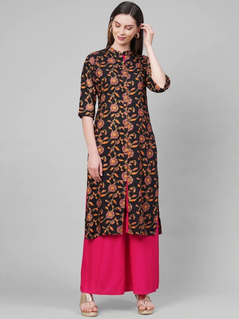 

GoSriKi Women Black & Orange Ethnic Motifs Printed Kurta