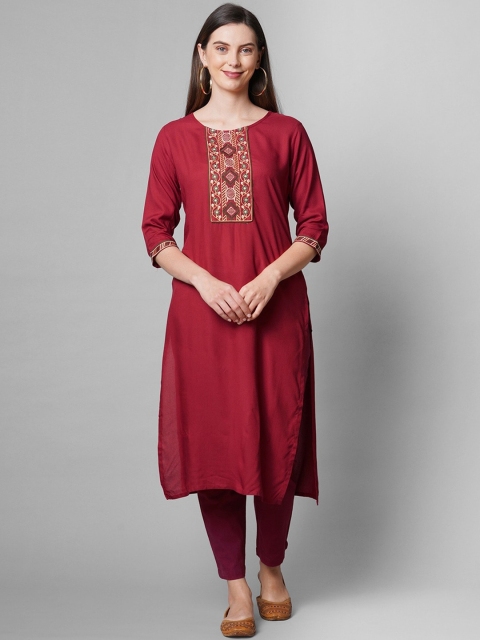 

GoSriKi Women Red Ethnic Motifs Yoke Design Thread Work Kurta