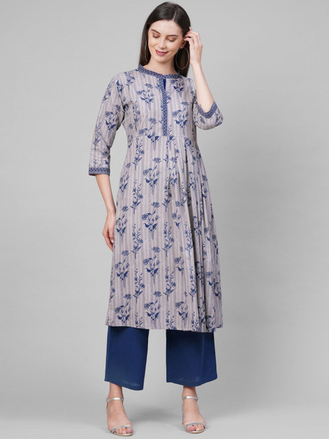 

GoSriKi Women Grey & Blue Floral Printed Cold-Shoulder Sleeves Kurta