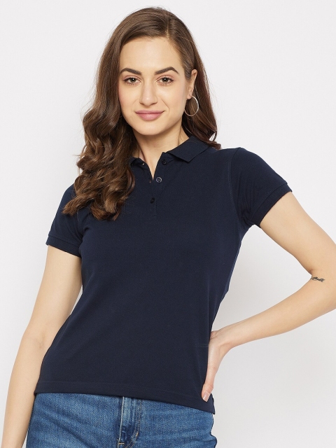 

HARBORNBAY Women Navy Blue Solid Polo Collar T-shirt