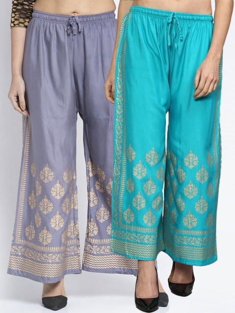 

Jinfo Women Set Of 2 Grey & Blue Embroidered Flared Knitted Ethnic Palazzos