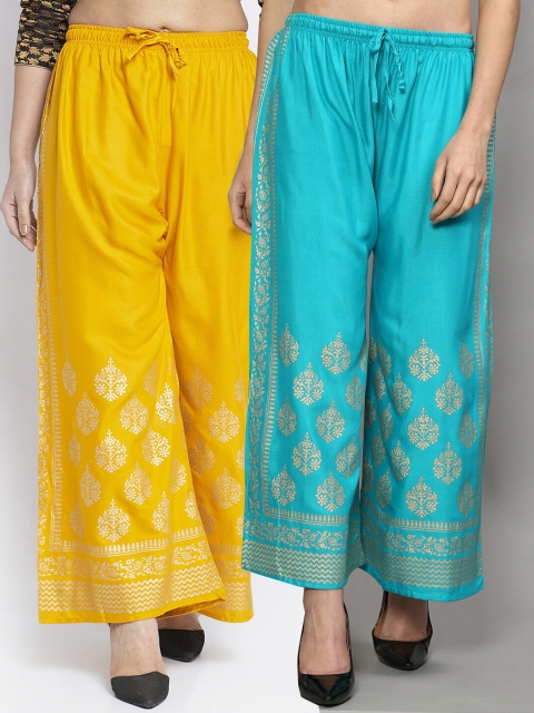 

Jinfo Women Yellow & Blue Ethnic Motifs Printed Flared Knitted Ethnic Palazzos