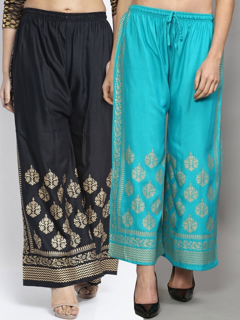 

Jinfo Women Black & Turquoise Blue Set Of 2 Ethnic Printed Flared Fit Palazzo