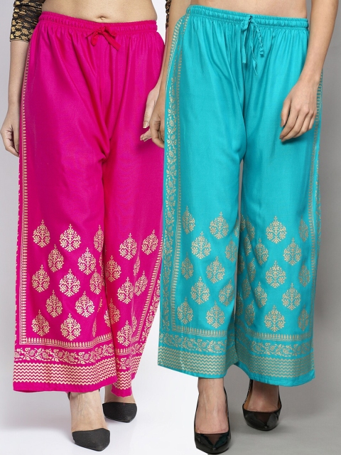 

Jinfo Women Pink & Turquoise Blue Set Of 2 Printed Flared Fit Palazzo
