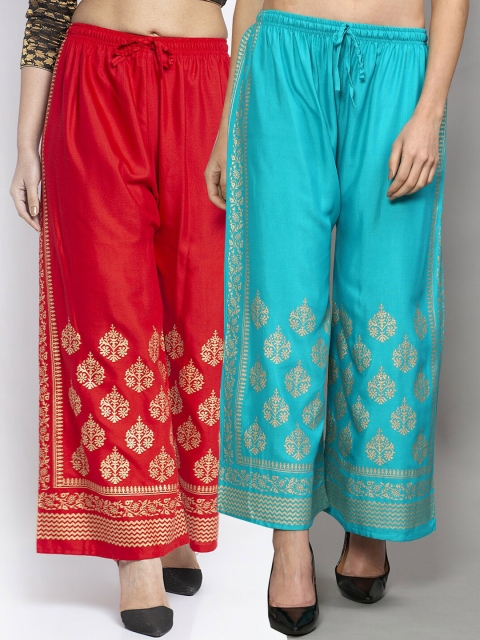 

Jinfo Women Red & Blue Ethnic Motifs Printed Flared Knitted Ethnic Palazzos