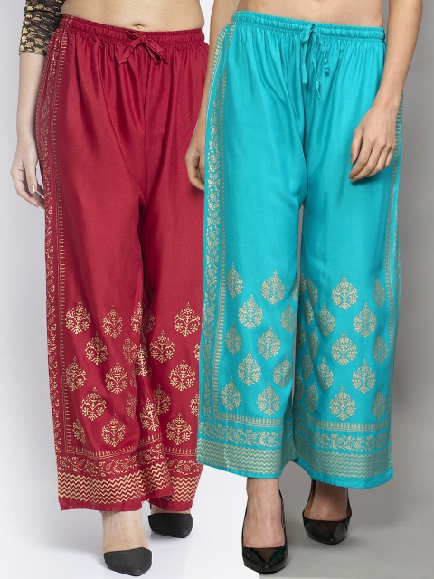 

Jinfo Women Maroon & Blue Set of 2 Ethnic Motifs Printed Flared Palazzos