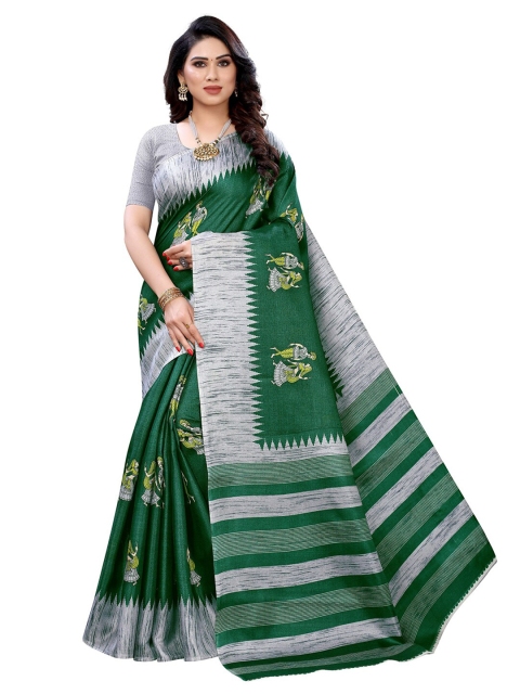 

Ishin Green & Grey Kalamkari Art Silk Printed Saree With Blouse Piece