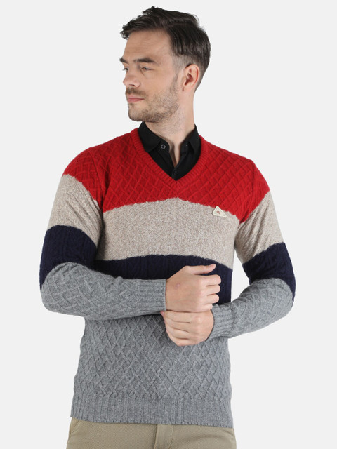 

Monte Carlo Men Grey & Red Colourblocked Woolen Pullover