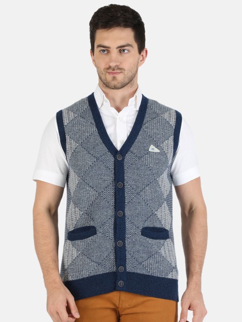 

Monte Carlo Men Blue & White Printed Wool Cardigan