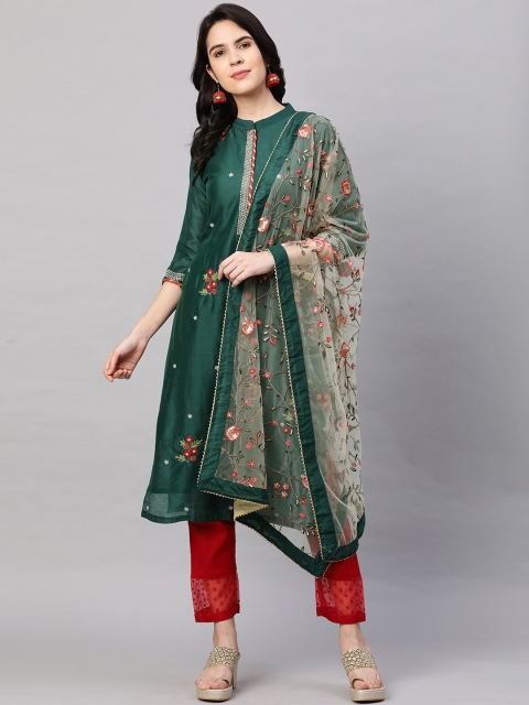 

FASHOR Women Green Floral Embroidered Chanderi Silk Kurta with Dupatta