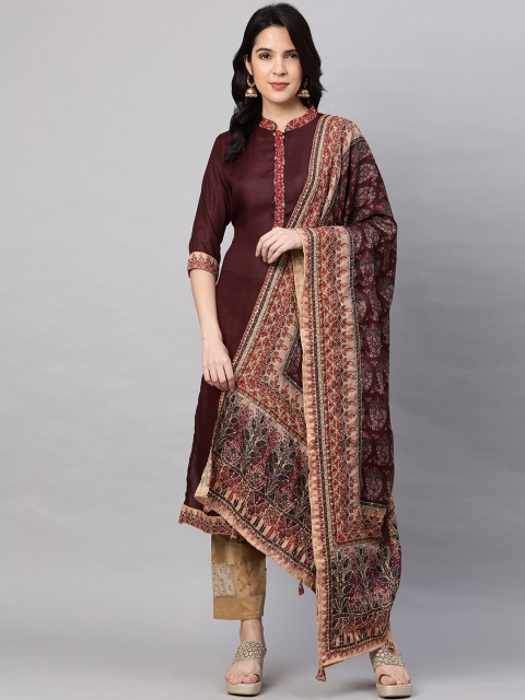 

FASHOR Women Maroon Ethnic Motifs Embroidered Kurta With Dupatta