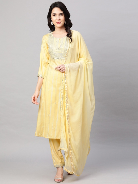 

FASHOR Women Yellow Yoke Design High Slit Sequinned Kurta with Skirt & With Dupatta