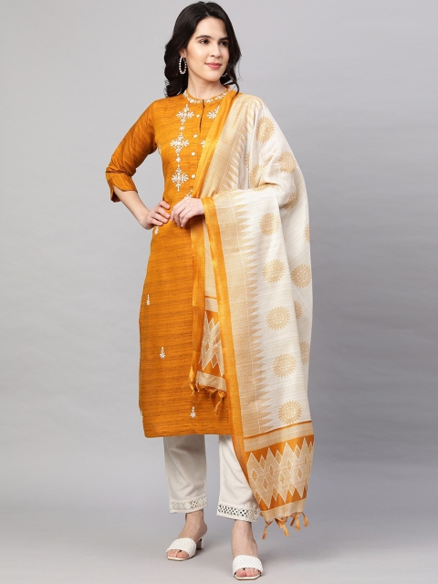 

FASHOR Women Mustard Yellow Geometric Striped Thread Work Kurta