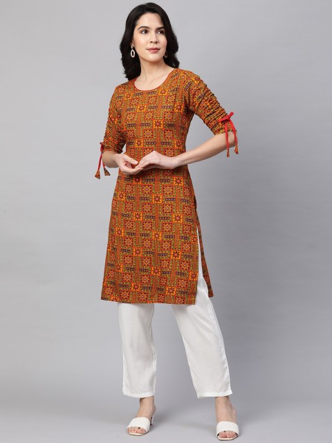 

FASHOR Women Mustard Yellow Embroidered Layered Kurti with Trousers