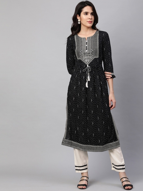 

FASHOR Women Black & Off White Printed & Embroidered A-Line Kurta with Trousers