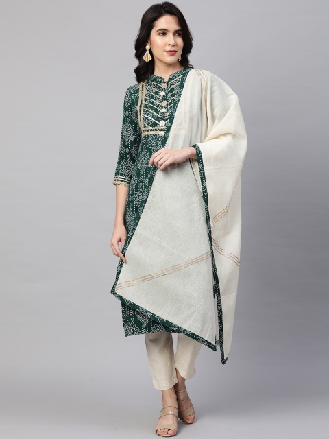 

FASHOR Women Green Striped Empire Gotta Patti Kurti with Pyjamas