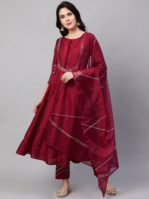 

FASHOR Women Maroon Self Design Pure Silk Kurta with Trousers & Dupatta