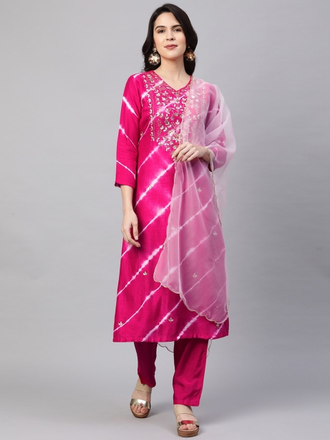 

FASHOR Women Magenta Angrakha Gotta Patti Raw Silk Kurta with Trousers