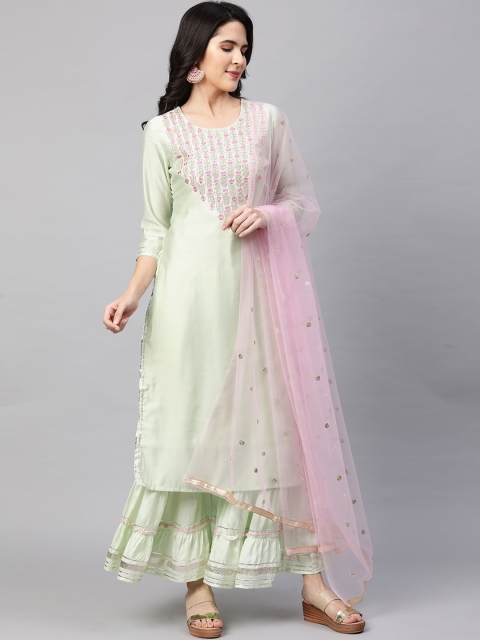 

FASHOR Women Green Embroidered Kurta with Sharara & Dupatta