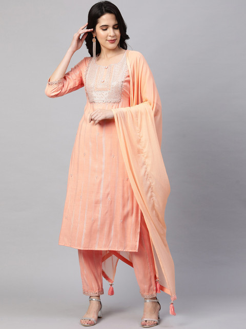 

FASHOR Women Peach-Coloured Striped Kurta with Trousers & Dupatta
