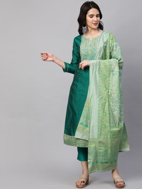 

FASHOR Women Green Ethnic Motifs Printed Chanderi Silk Kurta With Dupatta