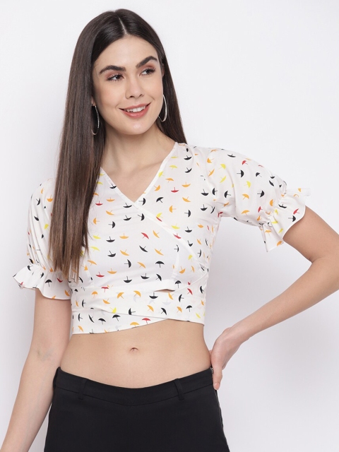 

Lagashi White & Multicoloured Floral Print Crepe Wrap Crop Top